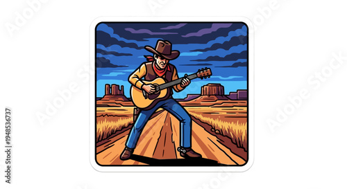 Illustration of a cowboy playing acoustic guitar on a desert road at twilight