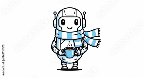 Astronaut robot wearing scarf holds steaming mug standing indoors smiling