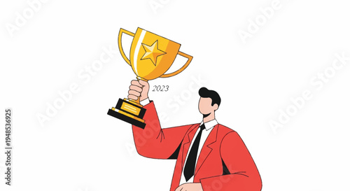 Man holding up a large golden trophy cup outside