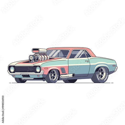 Retro Muscle Car with Supercharger, Vintage Automotive Art