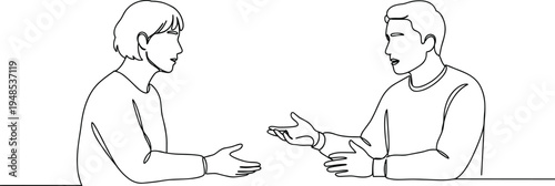 Continuous line drawing, two people talking at table, conversation scene, communication concept, minimalist art, meeting, discussion, unity, cooperation, interpersonal connection illustration