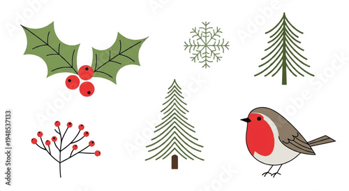 A vibrant robin perches beside festive holly and snowflakes amidst evergreen trees and red berries.