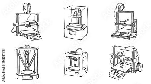 3d printer, Hand-drawn outline doodle sketches vector set collection , white background , PNG and SVG isolate
