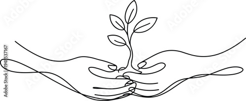 Continuous line hands holding plant, minimalist nature art, environmental care, sustainability concept, growth nurturing, eco protection, botanical design, flat vector illustration