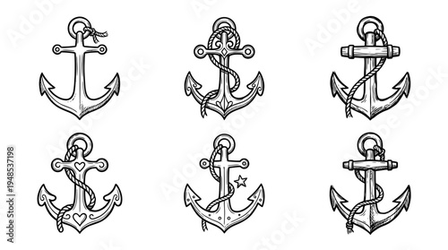 anchor, Hand-drawn outline doodle sketches vector set collection , white background , PNG and SVG isolate