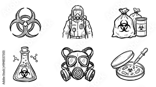 biohazard, Hand-drawn outline doodle sketches vector set collection , white background , PNG and SVG isolate