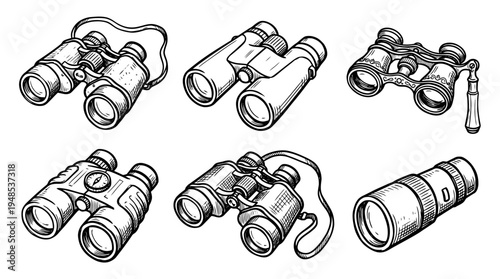 binoculars, Hand-drawn outline doodle sketches vector set collection , white background , PNG and SVG isolate