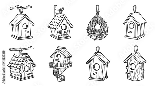 bird house, Hand-drawn outline doodle sketches vector set collection , white background , PNG and SVG isolate