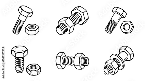 bolt and nut, Hand-drawn outline doodle sketches vector set collection , white background , PNG and SVG isolate