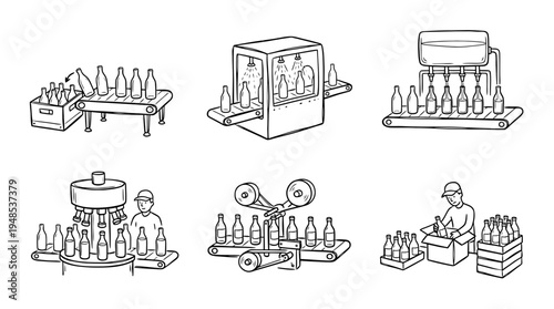 bottling line, Hand-drawn outline doodle sketches vector set collection , white background , PNG and SVG isolate