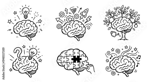 brain idea, Hand-drawn outline doodle sketches vector set collection , white background , PNG and SVG isolate