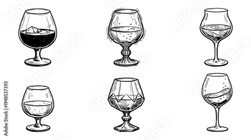 brandy glass, Hand-drawn outline doodle sketches vector set collection , white background , PNG and SVG isolate