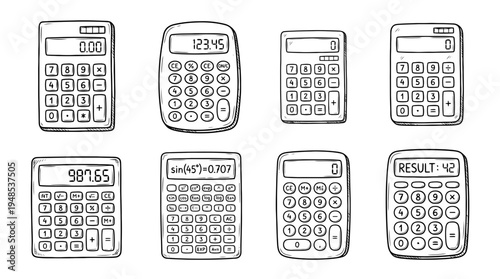 calculator, Hand-drawn outline doodle sketches vector set collection , white background , PNG and SVG isolate