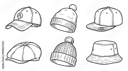 cap, Hand-drawn outline doodle sketches vector set collection , white background , PNG and SVG isolate