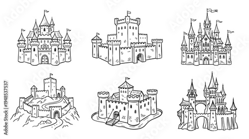 castle, Hand-drawn outline doodle sketches vector set collection , white background , PNG and SVG isolate