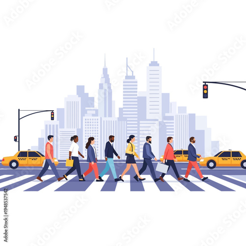 Diverse people crossing a busy city street on a crosswalk with yellow taxis and skyscrapers