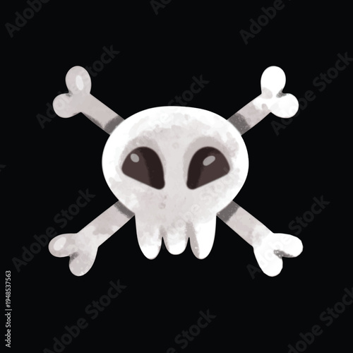 Skull and crossbones pirate symbol vector illustration, isolated on black background, hand drawn watercolor painting style, poison or toxic danger, pirate clip art. Ideal for danger warning pirate sym