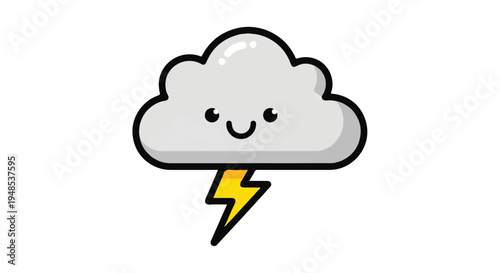 A smiling cartoon cloud with a yellow lightning bolt emerges in the sky.