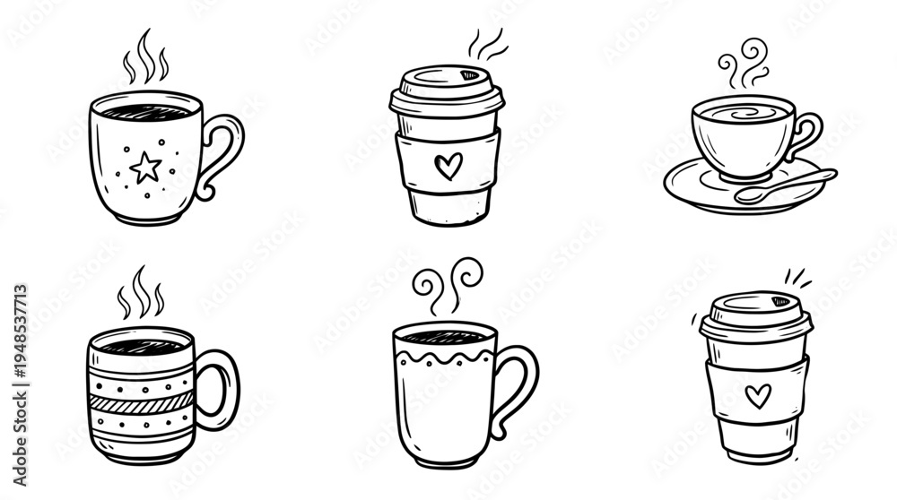 Obraz premium coffee cup, Hand-drawn outline doodle sketches vector set collection , white background , PNG and SVG isolate