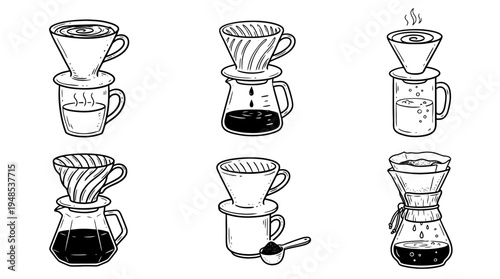 coffee dripper, Hand-drawn outline doodle sketches vector set collection , white background , PNG and SVG isolate