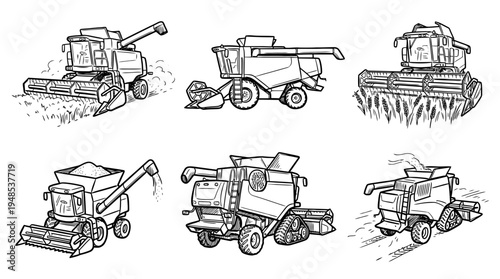 combine harvester, Hand-drawn outline doodle sketches vector set collection , white background , PNG and SVG isolate