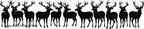 Deer herd silhouette vector illustration showing multiple stag animals with antlers standing together isolated on white background for wildlife design use