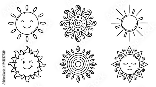 contentment sun, Hand-drawn outline doodle sketches vector set collection , white background , PNG and SVG isolate