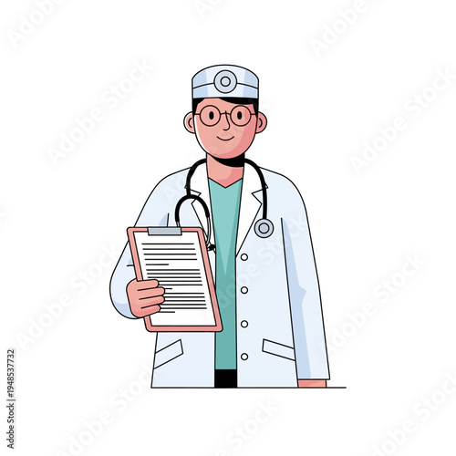 Friendly doctor with stethoscope and medical chart, flat illustration