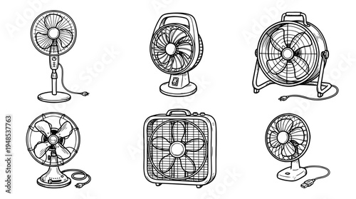 cooling fan, Hand-drawn outline doodle sketches vector set collection , white background , PNG and SVG isolate