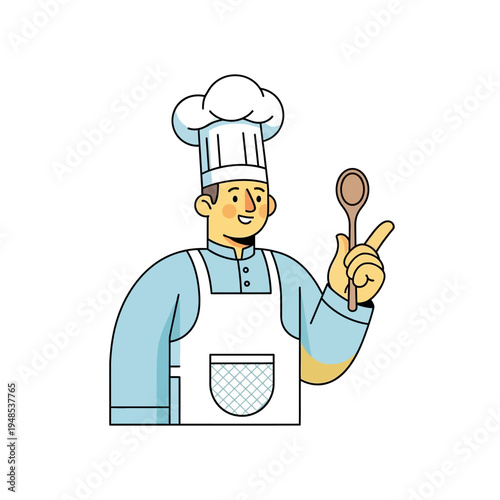 Happy Chef Character Holding Wooden Spoon, Cartoon Style Illustration