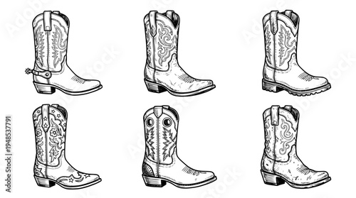 cowboy boots, Hand-drawn outline doodle sketches vector set collection , white background , PNG and SVG isolate