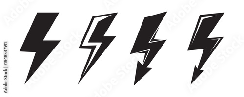 Lightning bolt silhouette icon set. Electric thunder vector collection