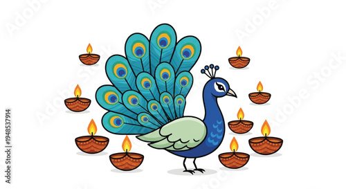 Vibrant peacock displays stunning feathers beside traditional oil lamps indoors.