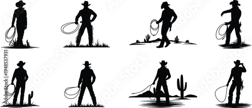 Cowboy silhouette, lasso rope, western hat, rodeo rider, desert cactus, wild west, country ranch, cowboy culture, flat vector illustration
