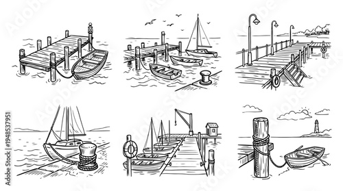 dock, Hand-drawn outline doodle sketches vector set collection , white background , PNG and SVG isolate