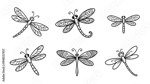 dragonfly, Hand-drawn outline doodle sketches vector set collection , white background , PNG and SVG isolate