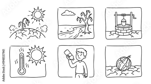 drought, Hand-drawn outline doodle sketches vector set collection , white background , PNG and SVG isolate