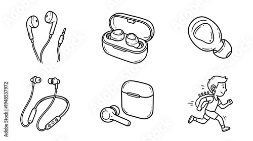 earbuds, Hand-drawn outline doodle sketches vector set collection , white background , PNG and SVG isolate