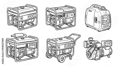 electric generator, Hand-drawn outline doodle sketches vector set collection , white background , PNG and SVG isolate