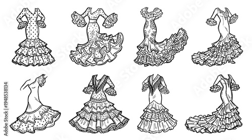 flamenco dress, Hand-drawn outline doodle sketches vector set collection , white background , PNG and SVG isolate