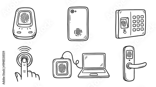 fingerprint scanner, Hand-drawn outline doodle sketches vector set collection , white background , PNG and SVG isolate