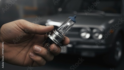 Hand holding a halogen headlight bulb for a classic car.