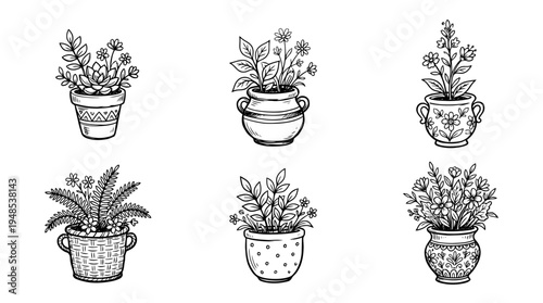 flower pot, Hand-drawn outline doodle sketches vector set collection , white background , PNG and SVG isolate