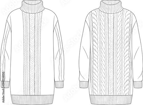 Cozy oversized cable knit turtleneck sweater fashion flat sketch, winter pullover design template, front and back technical illustration