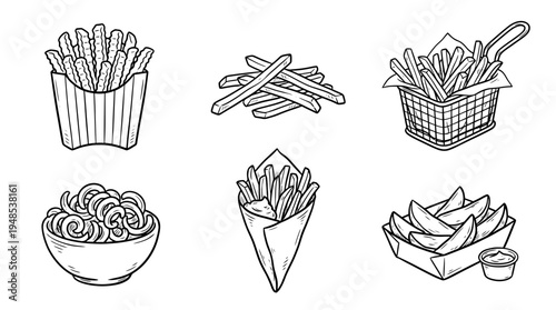 french fries, Hand-drawn outline doodle sketches vector set collection , white background , PNG and SVG isolate