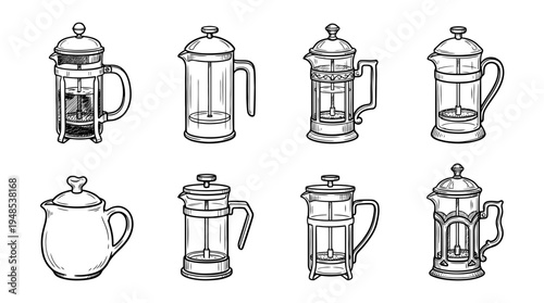 french press, Hand-drawn outline doodle sketches vector set collection , white background , PNG and SVG isolate