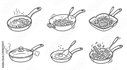 frying pan, Hand-drawn outline doodle sketches vector set collection , white background , PNG and SVG isolate