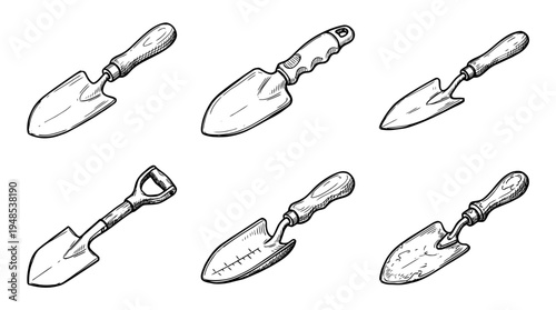 garden trowel, Hand-drawn outline doodle sketches vector set collection , white background , PNG and SVG isolate
