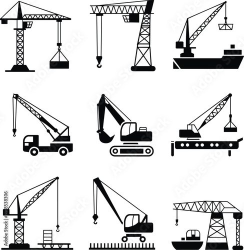 Cranes, tower crane, gantry crane, dockside crane, mobile crane, crawler crane, lifting equipment, construction machinery, industrial, shipping, heavy load, silhouette, flat vector illustration