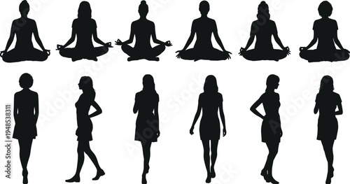 Silhouettes of Women in Yoga Poses and Standing Poses on White Background woman female